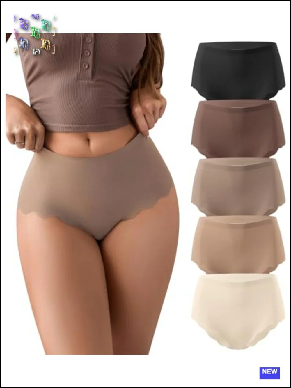 Seamless High Waisted Cheeky Underwear Ribbed Bikini Panties Pack of 5